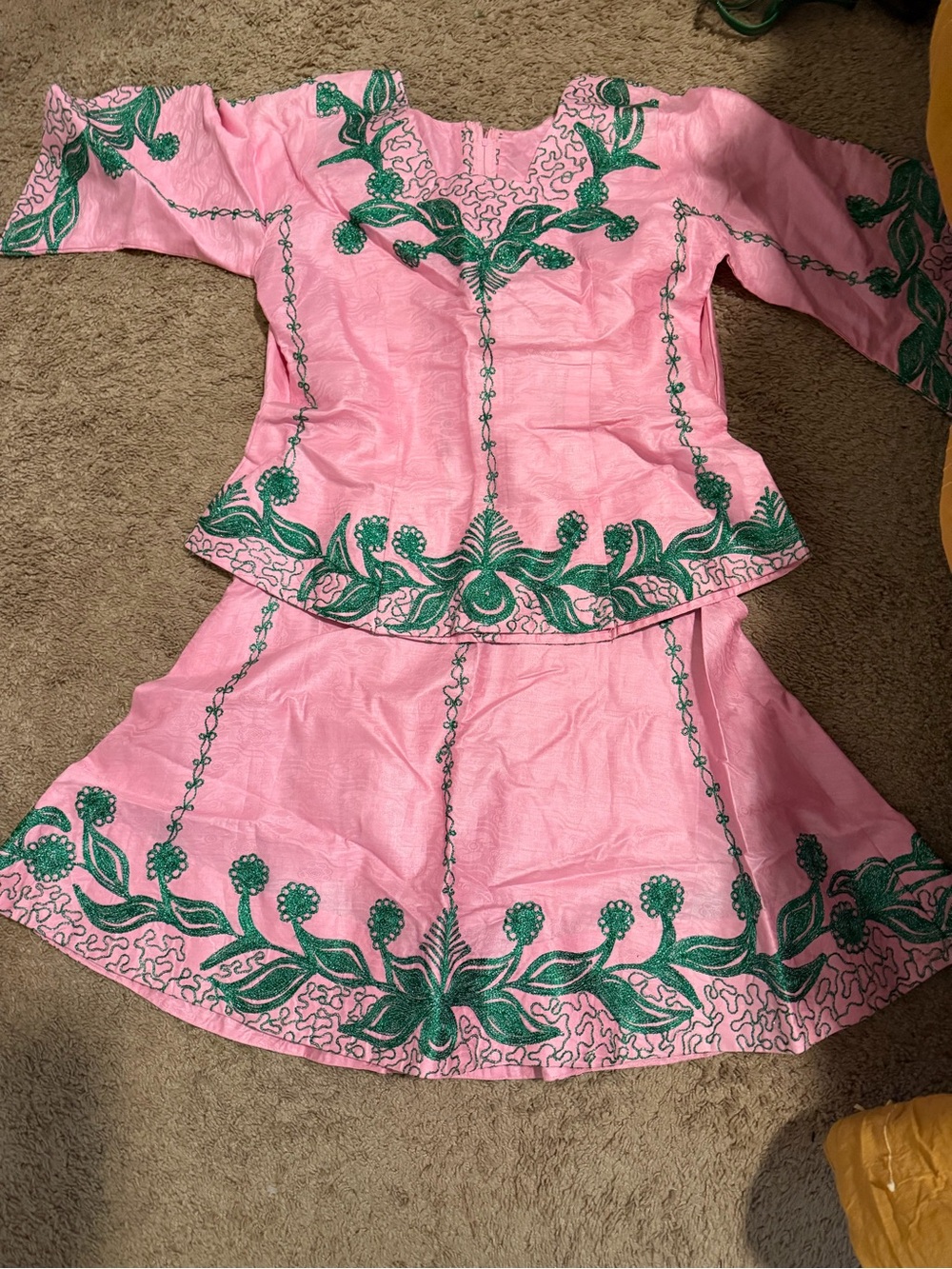 Pink and Green Embroidered Two-Piece Top/Skirt Set. Authentic African Attire - Picture 3 of 5